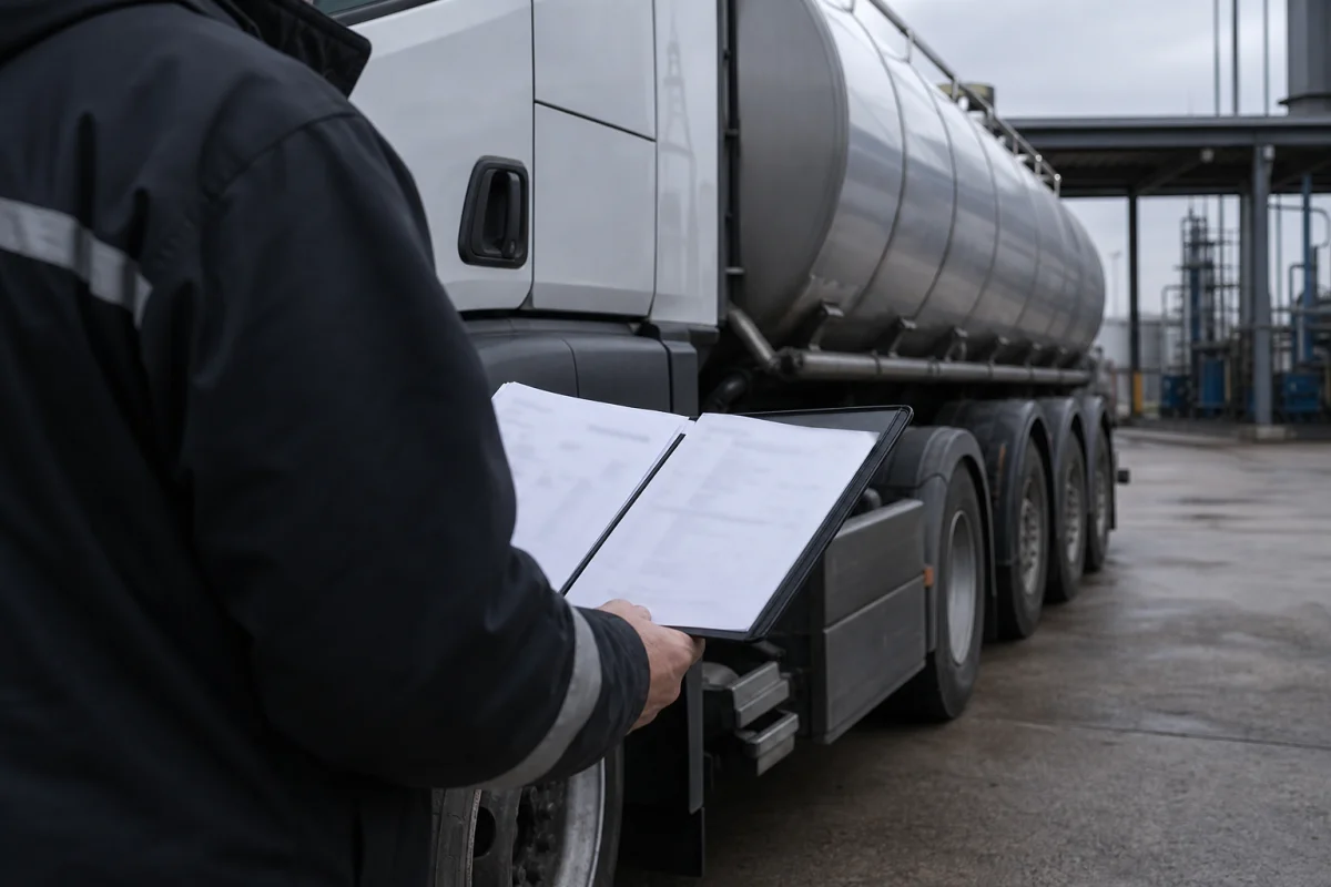 Водитель сверяет документы перевозки у кабины автоцистерны